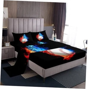 Baseball Sheet Set for Boys,Blue Red Flame Bed Sheets for Queen Baseball 01 - Picture 1 of 7