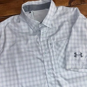 Under Armour Button Shirt Men's Large Blue Heatgear Button Short Slv Performance - Picture 1 of 8