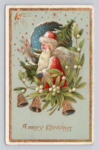 Postcard Merry Christmas Red White Santa Toy Bag Bells Mistletoe Gel Gold Gilt - Picture 1 of 2