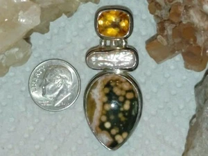 925 AF eleganter Anhänger Sterlingsilber, Citrin, "Biwa" Stil Perle & Jaspis  - Bild 1 von 9