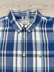 Lacoste Shirt Mens L 44 Blue Oxford Plaid Button Up Long Sleeve Slim Fit - Picture 1 of 9
