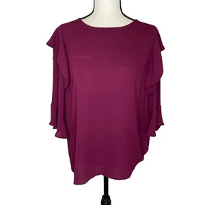 Blusa para mujer LOFT Ann Taylor manga 3/4 mediana con volantes agujero de llave trasero granate - Imagen 1 de 9