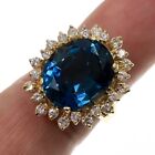 14K Solid Yellow Gold 10Ct London Blue Topaz And Diamond Ring Size 7.25
