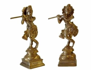 KRISHNA ANTIQUE STYLE BRASS STATUE 6" KRISHINA PLAYS FLUTE / IN-L10A - Picture 1 of 3