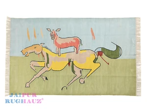 4x6 Blue Green Donkey on Horse Wall Tapestry Cotton Modern Handmade Animal Rug - Picture 1 of 6