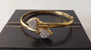 Vintage 9ct Yellow Gold Heart Clear Stone Bangle 375 9k Boxed - Picture 1 of 7