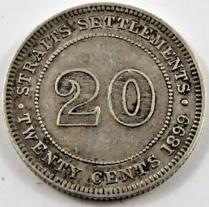 STRAITS SETTLEMENTS 1899 ARGENTO MONETA 20 CENTESIMI CONDIZIONE EF .1397 oz VEDI FOTO - Foto 1 di 4