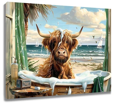 Прибрежный пейзаж коричневая корова в ванной холст настенное искусство для ванной гостиной - Изображение 1 из 4