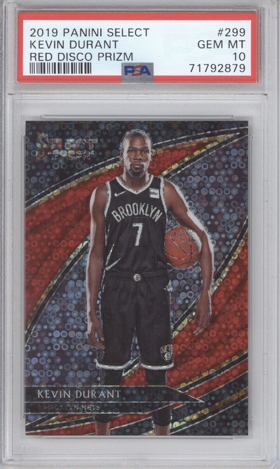 KEVIN DURANT PSA 10 2019 PANINI SELECT #299 RED DISCO PRIZM 9/49 NETS