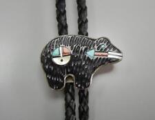 Vintage Zuni Bolo Tie Bear Sterling Silver Inlay Jet Turquoise Coral Heart Line