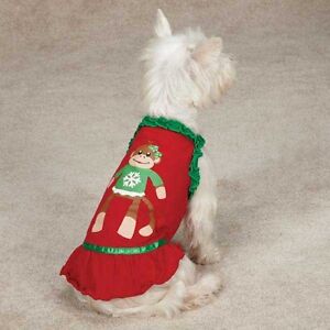 East Side Collection Dog HOLIDAY MONKEY BUSINESS Dress Pullover Ruffle Trim Tiff