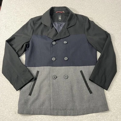 Howe Coat Mens Medium Black Navy Gray Double Breasted Peacoat Colorblock Jacket - Image 1 of 4