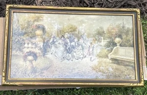 Antique Victorian Garden Party Taber Prang Art Co Print 1901 Framed 18 x 11" - Picture 1 of 24