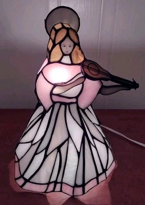 Vtg Tiffany Style Stained Glass Angel Lady Playing Ukulele Lamp Read Description - Image 1 of 4
