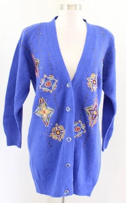 Vtg 90s Blue Embroidered Beaded Embellished Cardigan Sweater M Lambswool Angora - Image 1 of 4