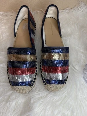 Tommy Hilfiger Red BlueCarlisse Sz 7.5 Espadrilles Flats Sequin Chunky Platform - Imagem 1 de 4