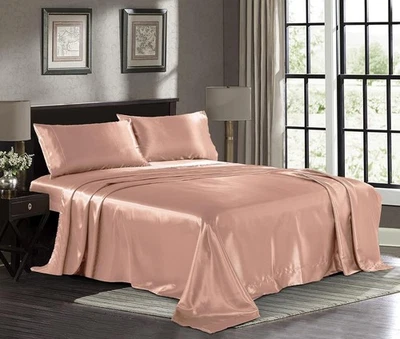 Juego de 4 sábanas de satén Pure Bedding Queen oro rosa microfibra bolsillo profundo Foto 1 de 4