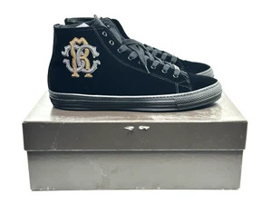 Neu Roberto Cavalli Herren 13 Schwarz Samt Klassisch Monogramm Hoch Turnschuhe �� - Bild 1 von 7