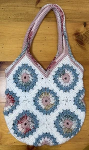 Granny Square Crochet Tote Bag Retro Pink Blue White Boho Hippie Shoulder Purse - Picture 1 of 8