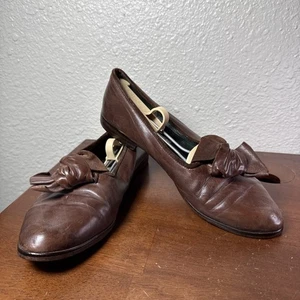Vintage Joan & David Brown Leather Slip On Loafers Bow Handmade Italy Bow - Picture 1 of 12