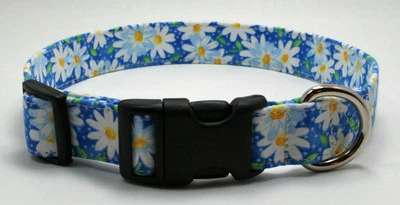HANDMADE BY "WALKIN ON SUNSHINE COLLARS" Daisy White on Blue Dog Collar Adjustable Handmade Custom Designer
