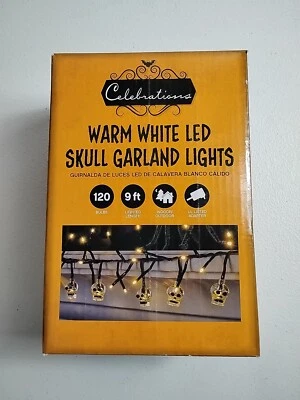 NIB Bright White LED Skull Garland Lights 120 Bulbs 9ft Length Indoor Outdoor  - Image 1 of 4