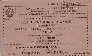 # CAGLIARI 1929 TESSERA PER LA DIOCESI PER PELLEGRINAGGIO NAZ.  A ROMA PER .. - Picture 1 of 1