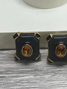 black squares w/ amber stones CLIP-ON EARRINGS VINTAGE REPLICA MADE IN ITALY - Picture 1 of 18