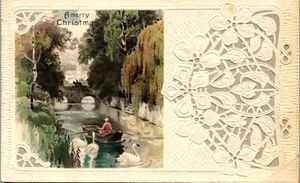 Vintage Christmas Postcard River Scene with Boat Swans ~ Lace Design Die Cuts - Picture 1 of 3