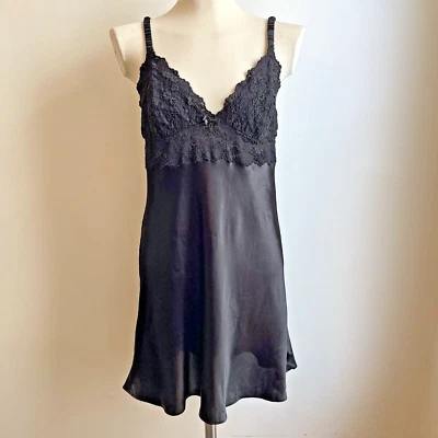 Vestido De Colección Oscar de la Renta Etiqueta Rosa Negro Satinado Encaje Slip Chemise Grande Foto 1 de 4