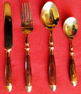 6 Personen Edel Luxus Besteck Set Satz Gold Bronze Holz Rosenholz Teak antik - Bild 1 von 3