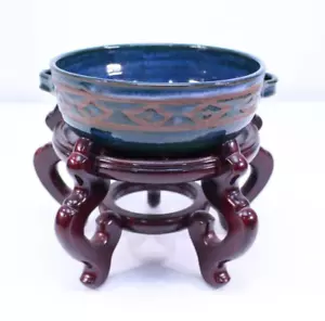 Schöne Keramik Schale Deko mit Ständer Azteken türkis blau braun signierte Griffe - Bild 1 von 15