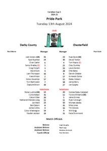 Derby County v Chesterfield 13-08-24 League Cup 1 Unofficial Team Sheet - Picture 1 of 1