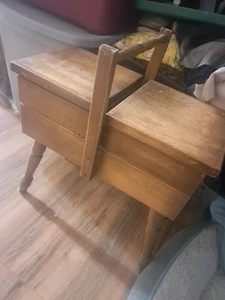 Vintage Mid Century Wood Sewing Box Expandable Stand Turned Legs - Picture 1 of 2