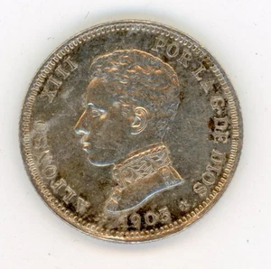 Spanien España Alfonso XIII 2 Pesetas 1905 *19 05Madrid SM V Silber KM 725 aUNC - Bild 1 von 2
