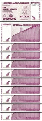 Zimbabwe 5,000,000,000 5 Billion Dollars 2008, UNC, 10 Pcs LOT, P-61,Agro Cheque - Image 1 of 4