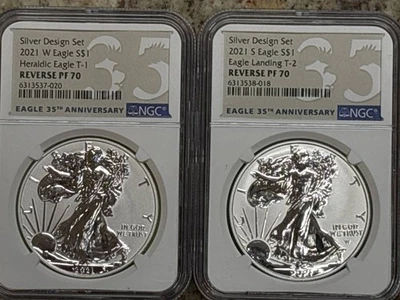 2021 Bullion Silver Eagles NGC PF-70 W Reverse Proof Heraldic Eagle T-1 Silver D - Image 1 of 4