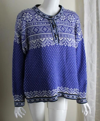 LL Bean Sz M Purple White Snowflake Nordic Knit Heavy Cotton Sweater Lovely - Image 1 of 4