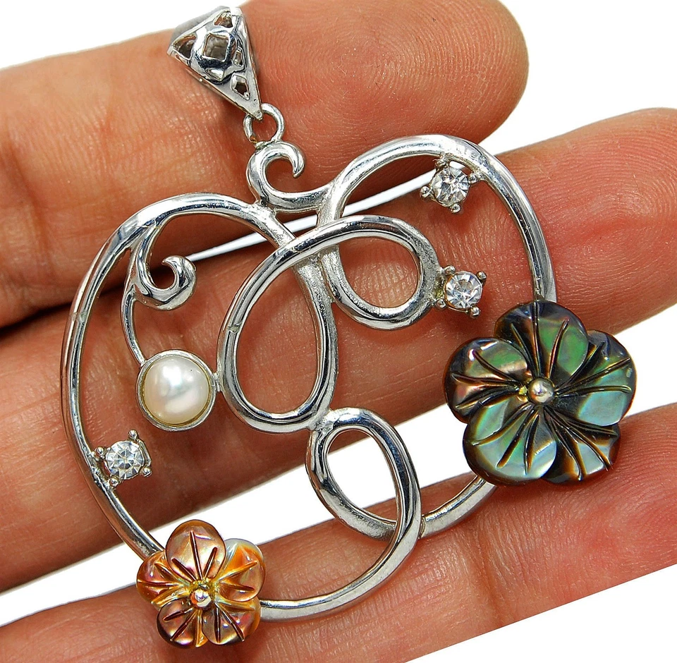 Natural Rainbow Abalone Shell & Topaz 925 Sterling Silver Pendant Jewelry SQ1-1 - Image 1 of 1