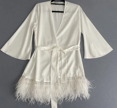 Rya Collection Women XS/S Swan Bridal Cover Up Robe Feather Trim Ivory Sexy Lux - Image 1 of 4