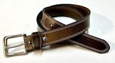 Carhartt Brown Genuine Italian Leather Work Belt Sz 50 Topstitch Logo Catch A94 - Image 1 of 4