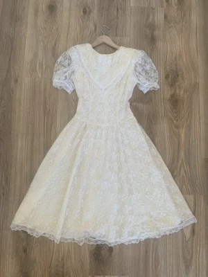 Vestido Gunne Sax Jessica McClintock Pequeño Blanco Encaje Midi Manga Encaje Romántico Foto 1 de 4
