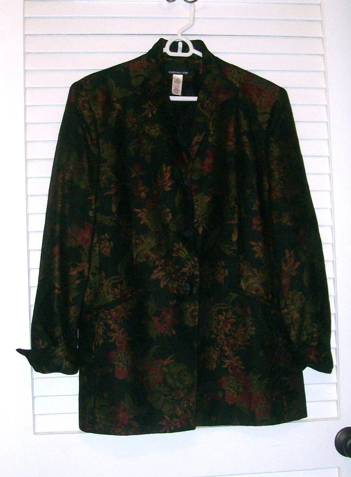 Blazer Jones New York negro con tapiz burgany/verde/bronceado 12 nuevo sin etiquetas Foto 1 de 1
