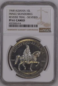 1968 Albania 10 Leke "REVERSE TRIAL - SILVERED" NGC PF 61 CAMEO *SKANDERBEG* - Picture 1 of 2