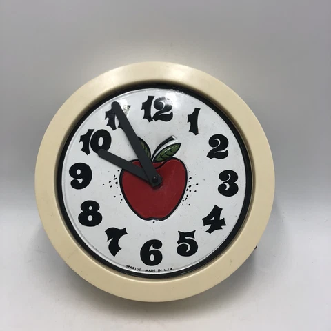 Vintage 1970s Spartus Round Wall Electric Clock, Red Apple, USA, Works, original Cover