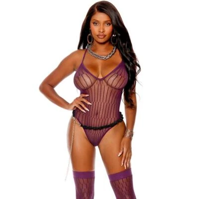 Conjunto de medias de peluche a rayas hasta el muslo cuello en V sin mangas tanga espalda Merlot 12145 Foto 1 de 4