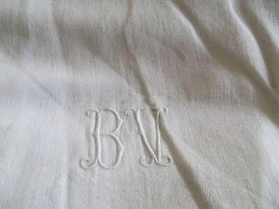 ancienne nappe en damassé lin 237 cm monogramme BV - Photo 1/4