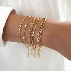 5Pcs Trendy Chain Bracelet Set For Women stacking Letter Gold Silver Color Link - Picture 1 of 4