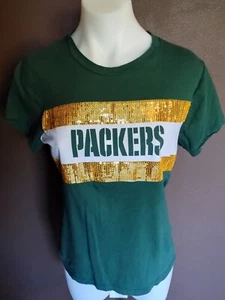 Green Bay Packers Bling Tee Shirt Womens Medium Majestic Ladies Sequins - Picture 1 of 3