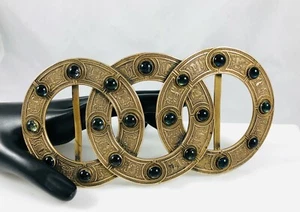 Antique Extra Large Three Interlocking Circles Belt Buckle w/Green Cabochons - Picture 1 of 4
